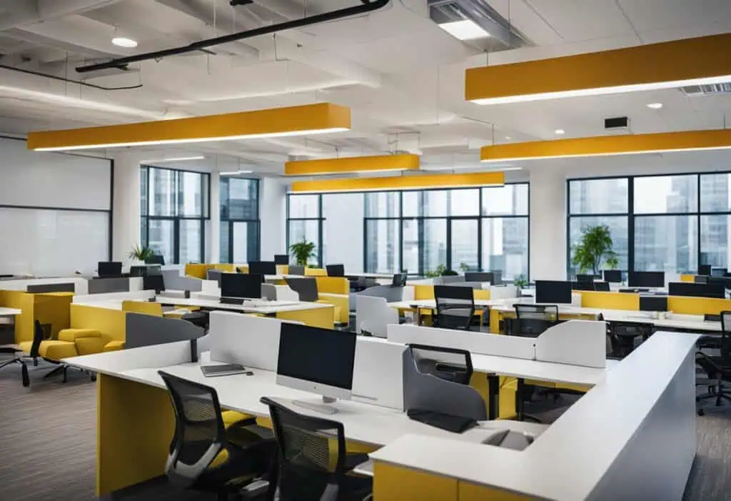 Bright shared office space with yellow accents and ample natural light for productivity.
