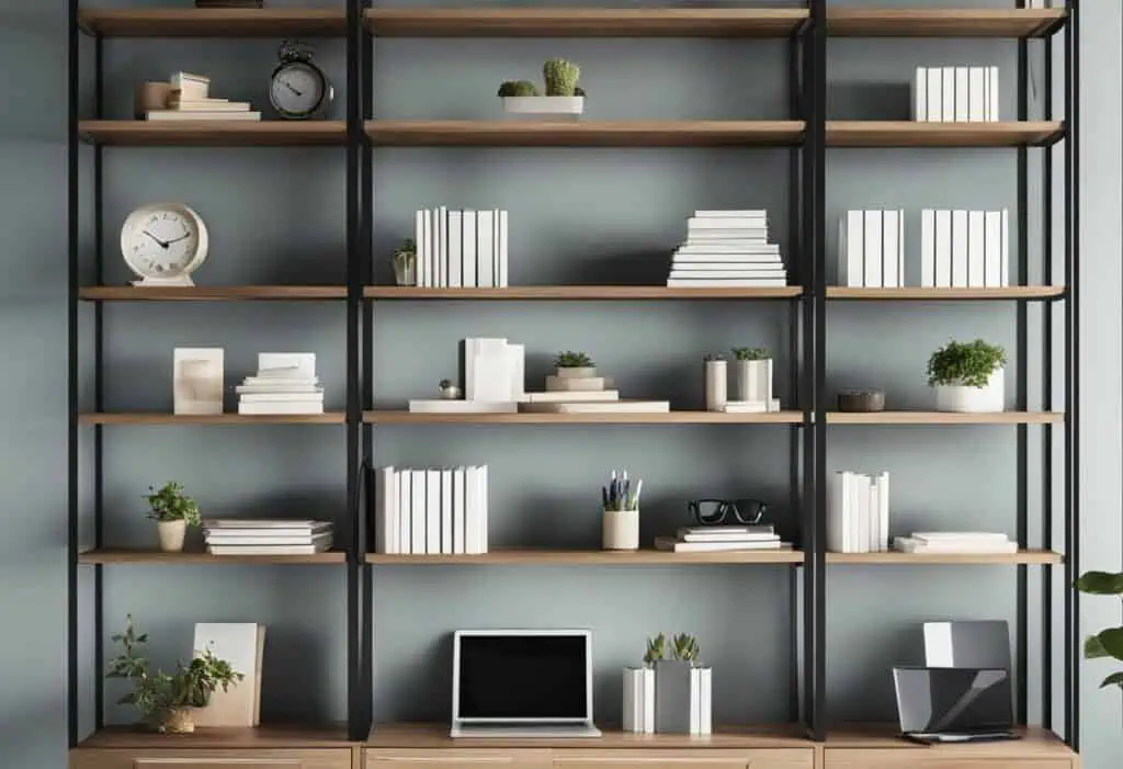 Stylish black metal and wood office shelves for organized workspace and decor.