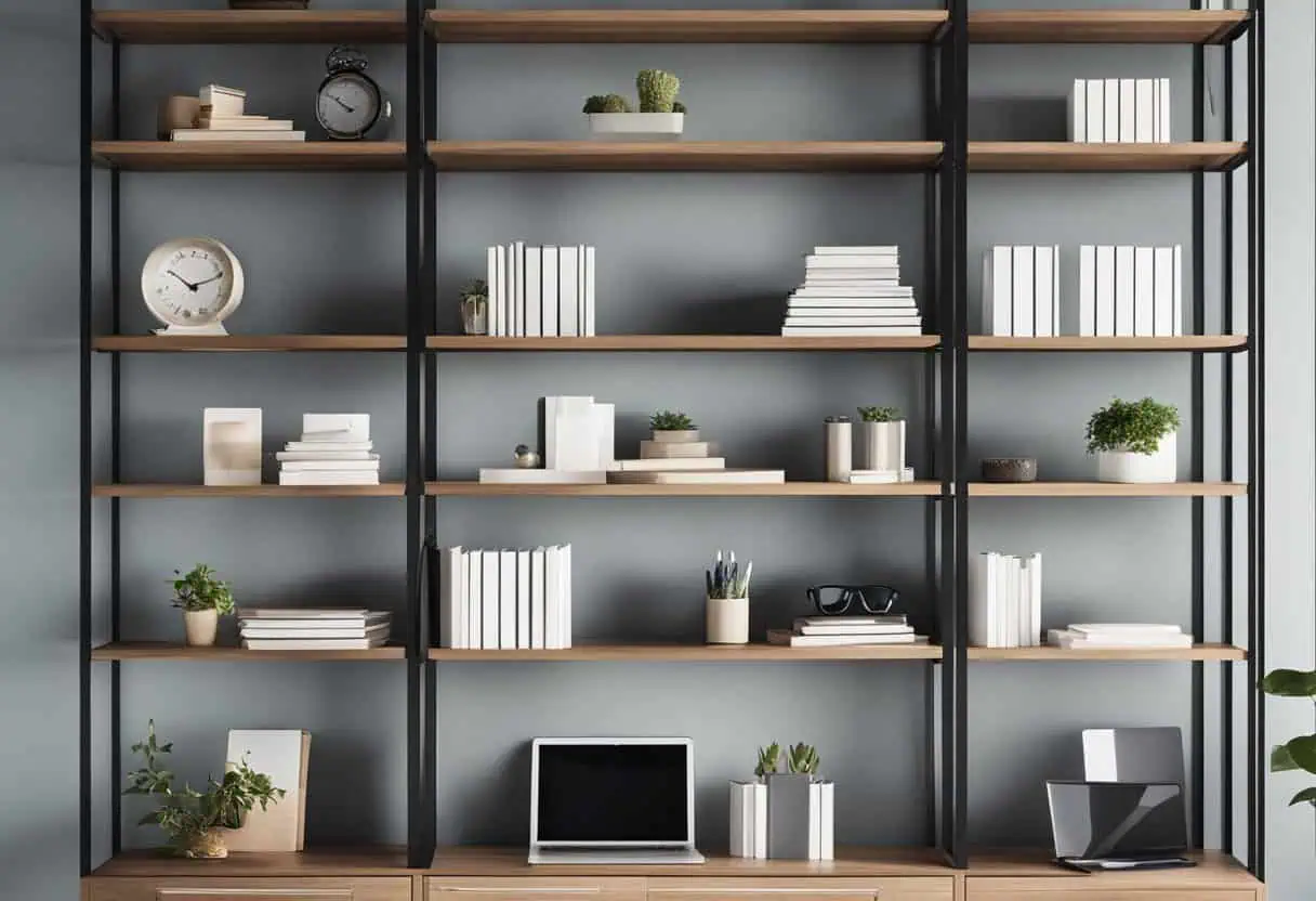 Stylish black metal and wood office shelves for organized workspace and decor.