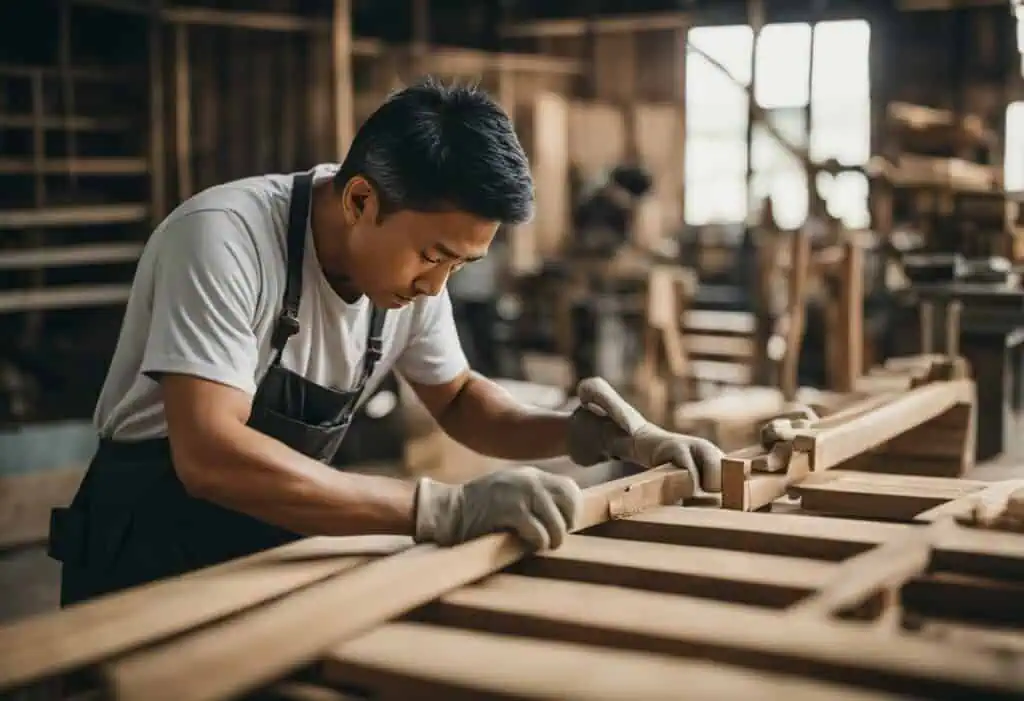Craftsman shaping wood for shipbuilding in Singapore, showcasing high-quality craftsmanship and atte.