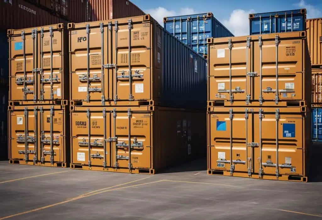 Shipping containers stacked at a port for international furniture delivery.