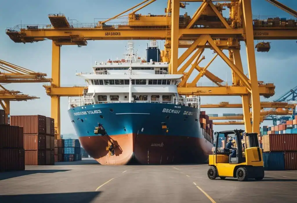 Cargo ship loaded with containers at port for international shipping.