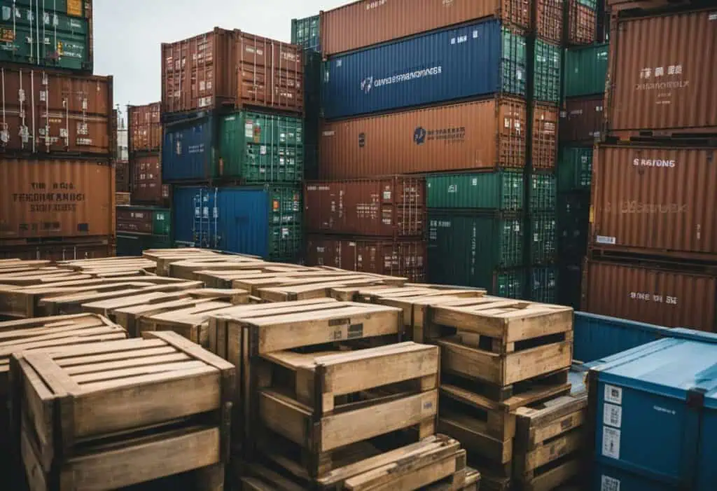 Shipping containers stacked high with wooden pallets in the foreground.