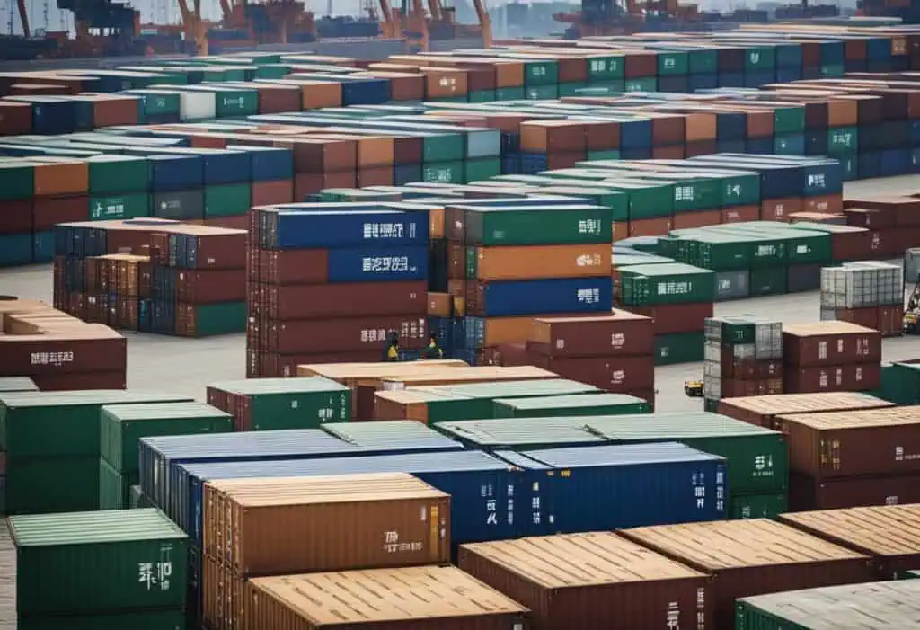 Shipping containers at a busy port for international furniture transport.