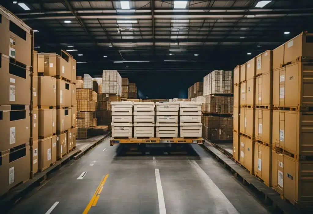 Shipping containers and pallets in a warehouse for international furniture delivery.