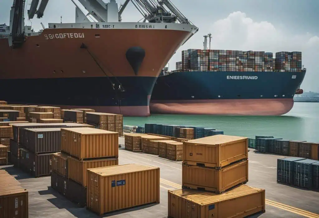 Shipping containers loaded with furniture at a busy port for international relocation from Singapore.