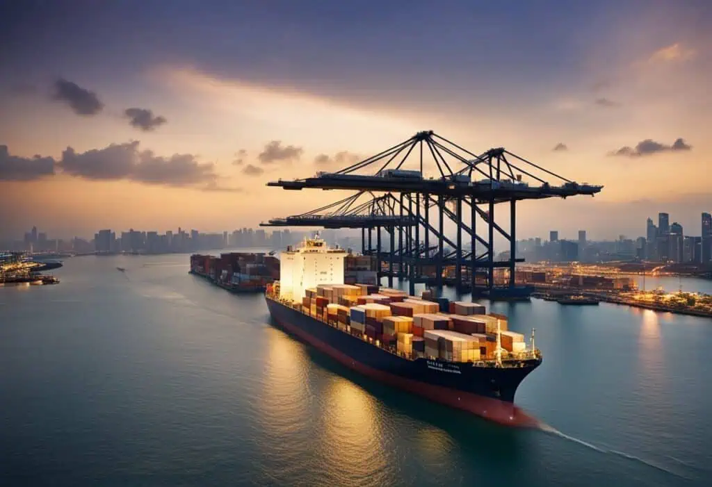 Cargo ship with containers at sunset, ready for international furniture shipping from Singapore to P.