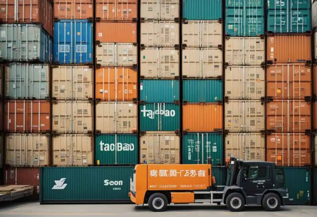 Container yard with stacked shipping containers for furniture from Taobao to Singapore.