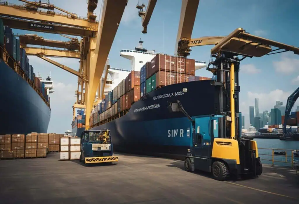 Cargo ship with containers at port ready for international shipping from the US to Singapore.