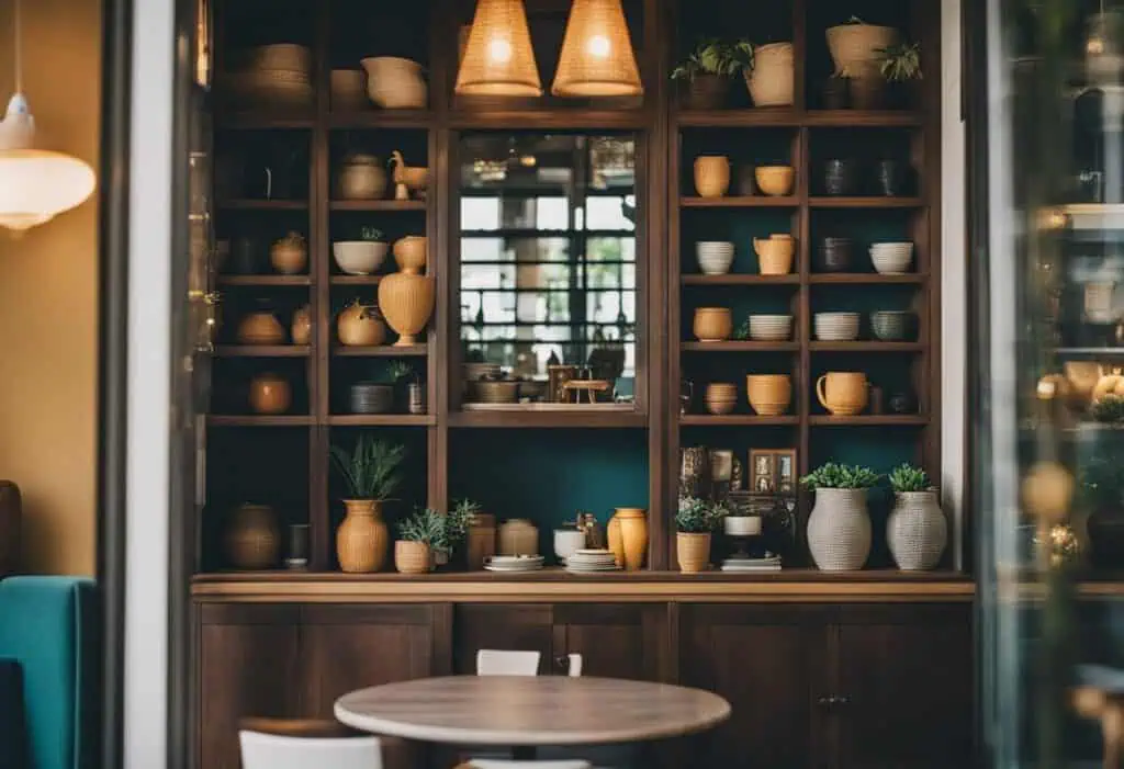 Stylish wooden shelving unit displaying handcrafted pottery and decorative items in a modern home se.
