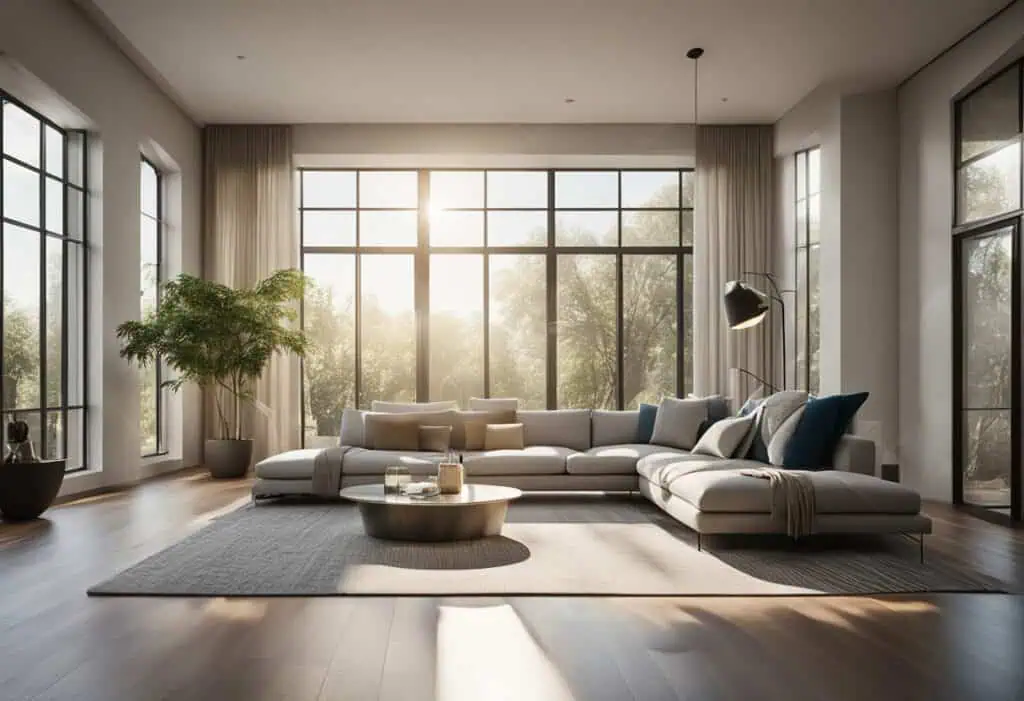 Spacious living room featuring large windows, stylish furniture, and abundant sunlight, perfect for.