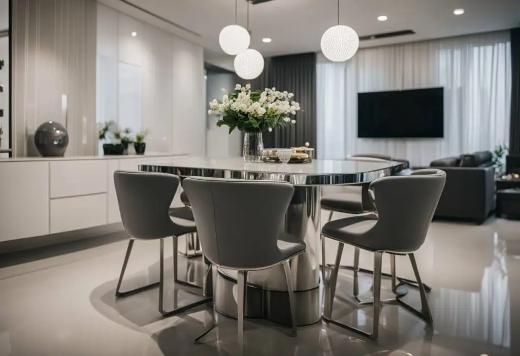 Elegant silver dining table with matching chairs in a contemporary living room setting.