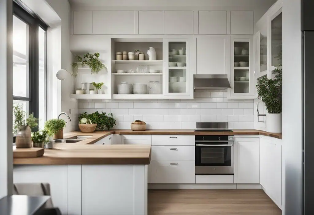 Modern minimalist white kitchen with open shelving and natural light.