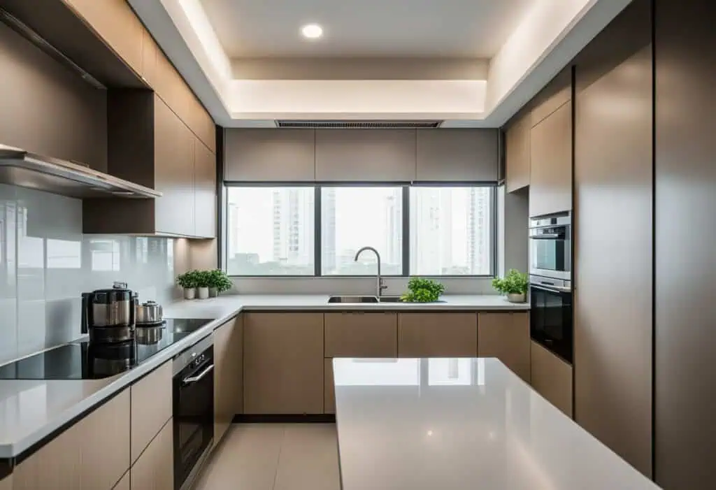 Bright and spacious HDB 5-room kitchen featuring sleek cabinetry and large windows for a contemporar.