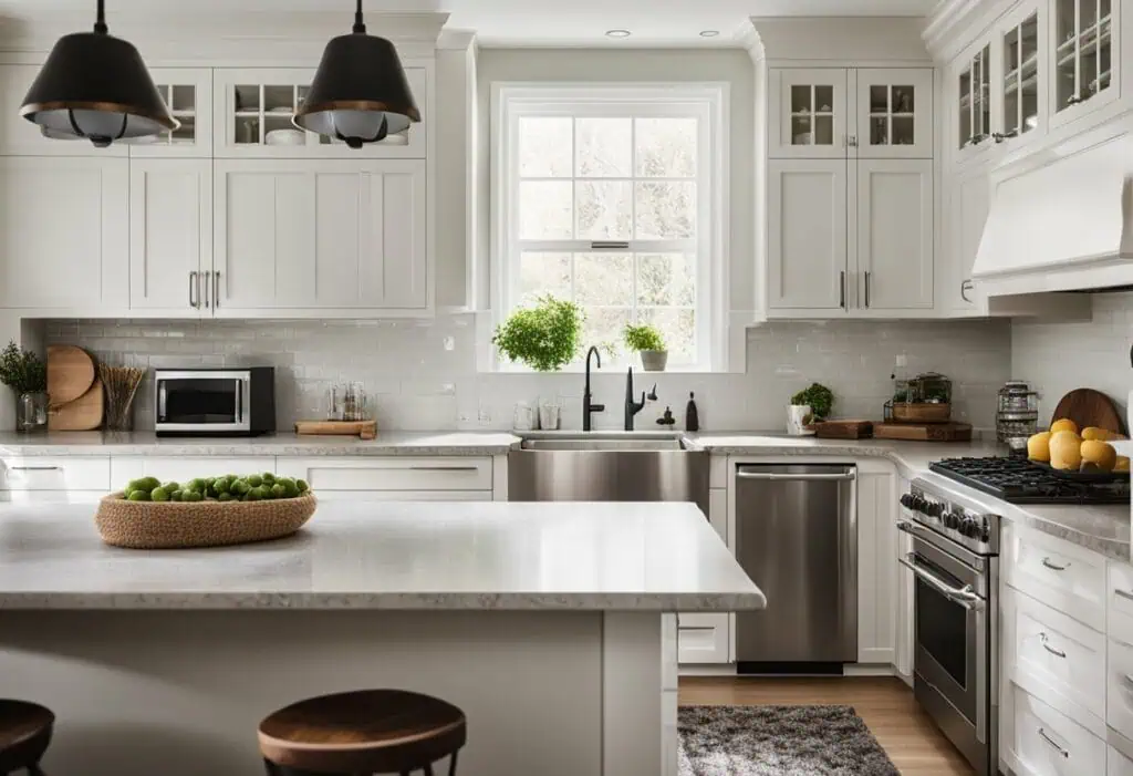 Bright white kitchen with large window, modern appliances, and minimalist decor.