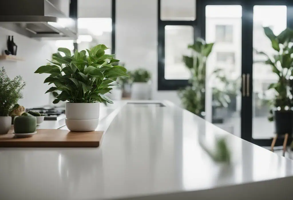 Modern minimalist kitchen counter with green plants for a fresh, clean look.