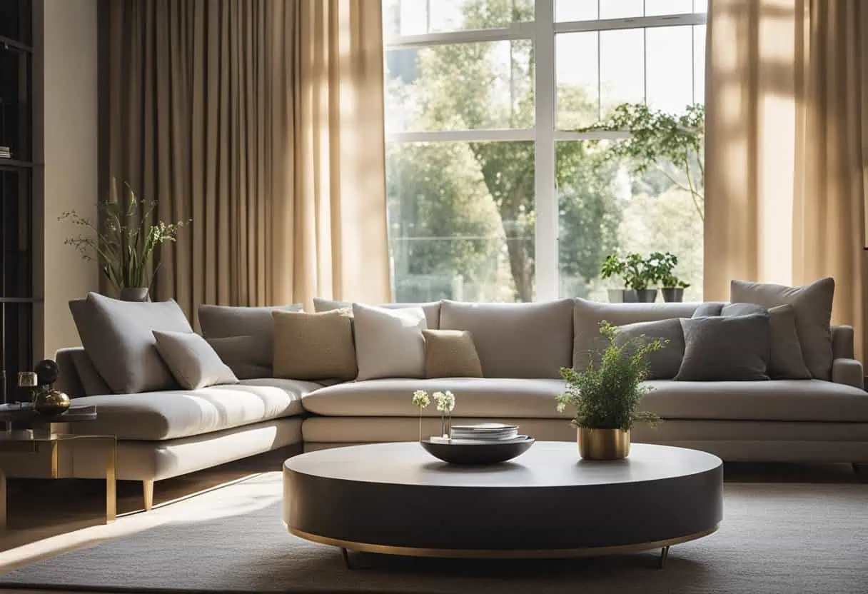 Bright minimalist living room with neutral tones and large windows.