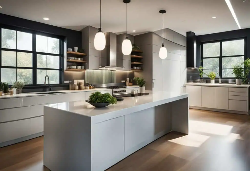 Contemporary kitchen design featuring white cabinetry, spacious island, and ample sunlight.