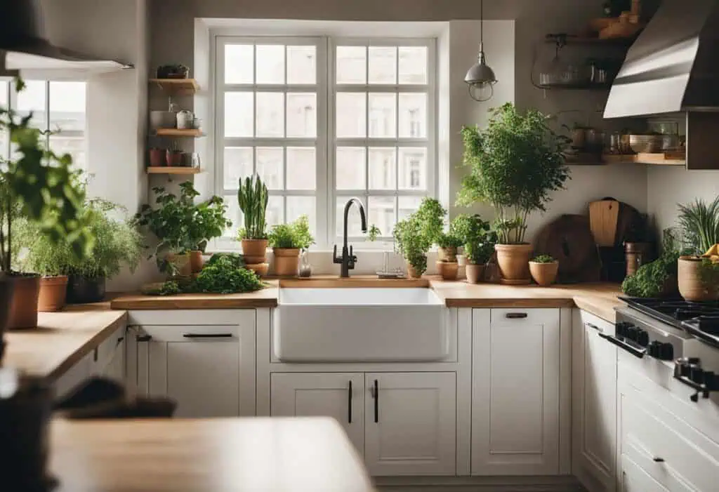 Bright small kitchen with lush green plants on windowsill and countertops.