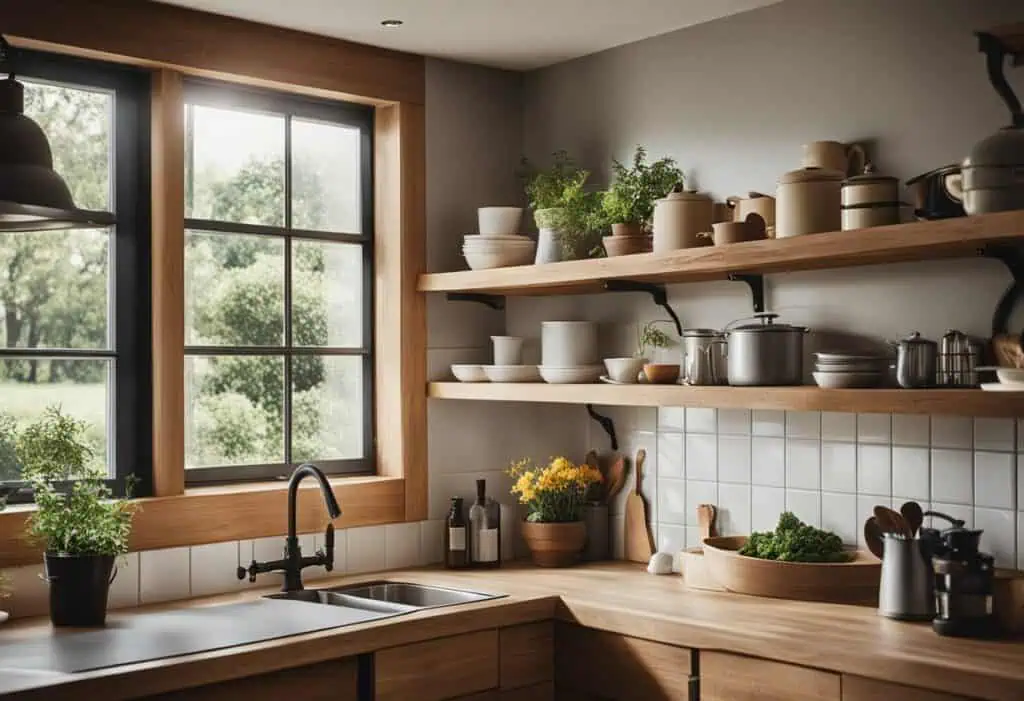Modern minimalist wooden kitchen with open shelves and natural light.