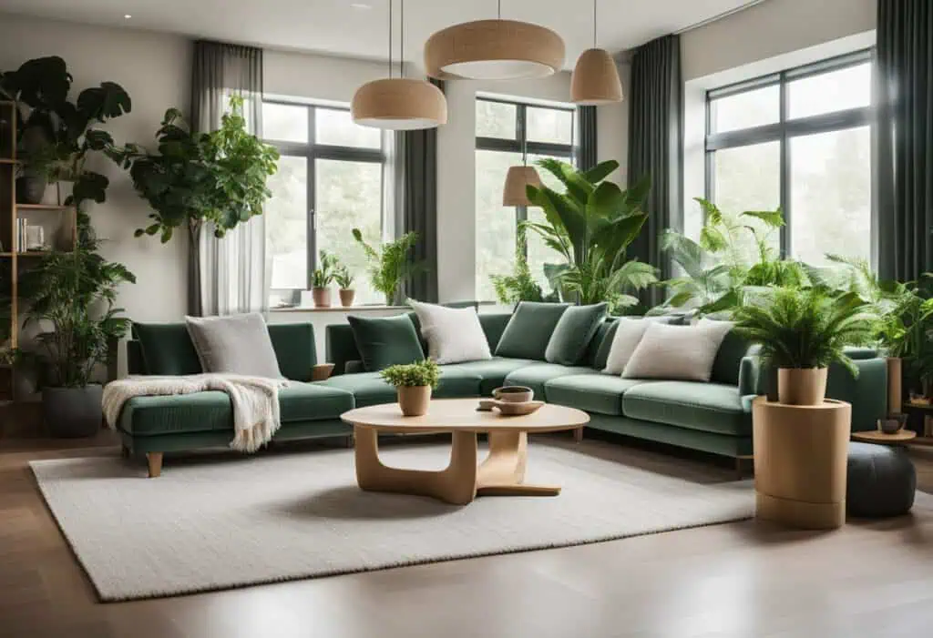 Stylish living room featuring lush green plants, large windows, and contemporary furniture for a coz.
