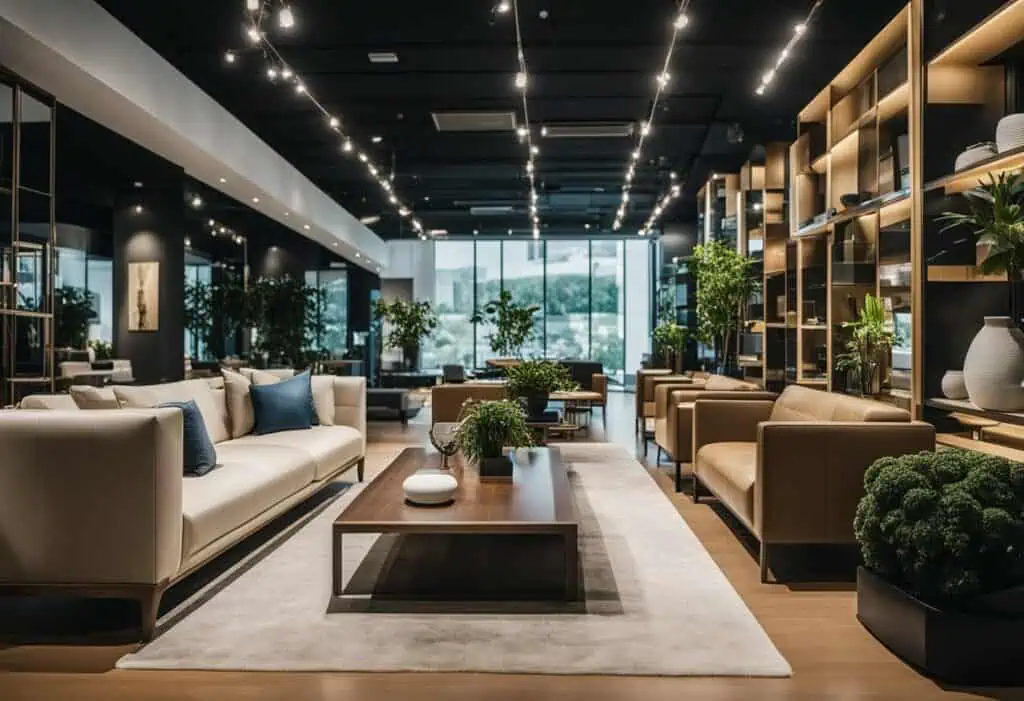 High-quality modern furniture in a stylish lounge with cozy sofas and lush greenery, perfect for rel.