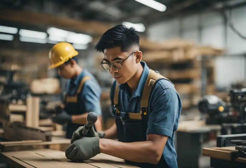 Carpenter working on wood in a workshop for construction projects.