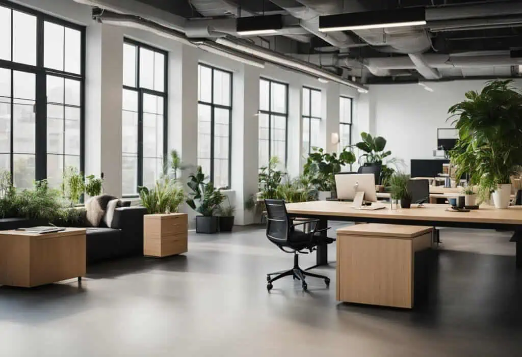 Bright, open workspace featuring large windows, lush plants, and contemporary furniture for a produc.
