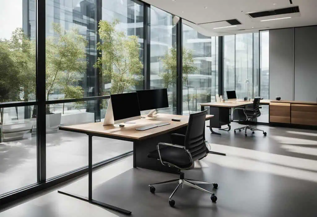 Bright, sleek office with large glass windows and contemporary furniture.