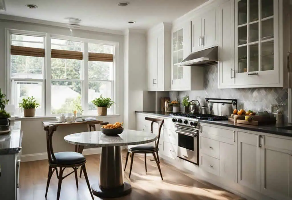 White kitchen with large windows and minimalist design, maximizing space and brightness in a small A.