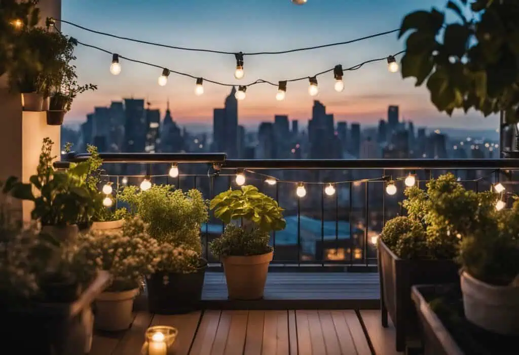 Cozy balcony with string lights, potted plants, and city skyline view at sunset.