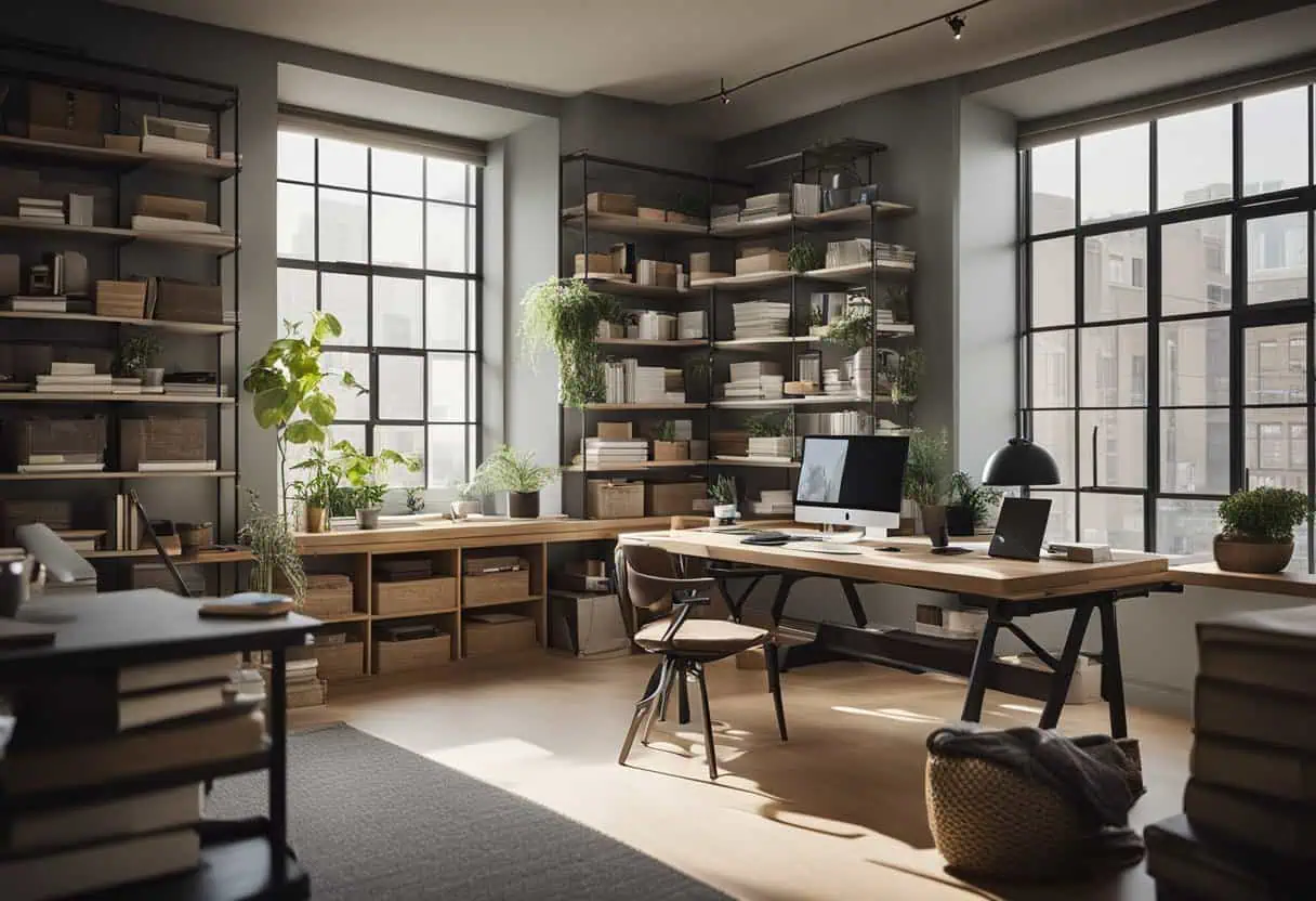 Modern small architect office with efficient shelving and natural light.
