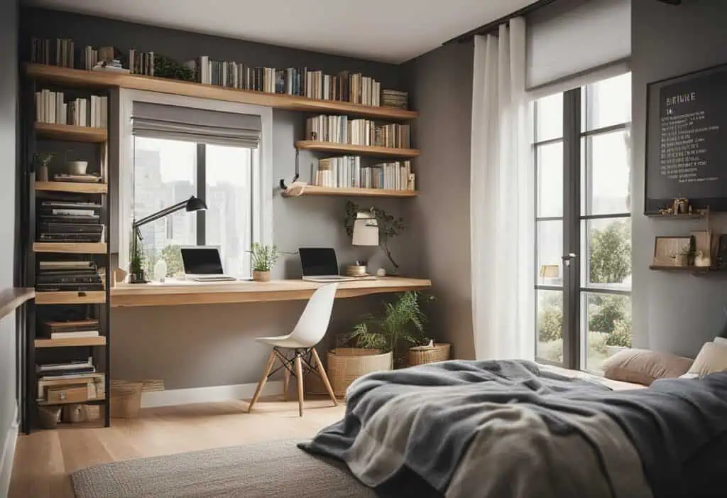 Modern small bedroom with workspace, bookshelves, and natural light.