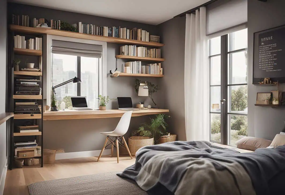Modern small bedroom with workspace, bookshelves, and natural light.