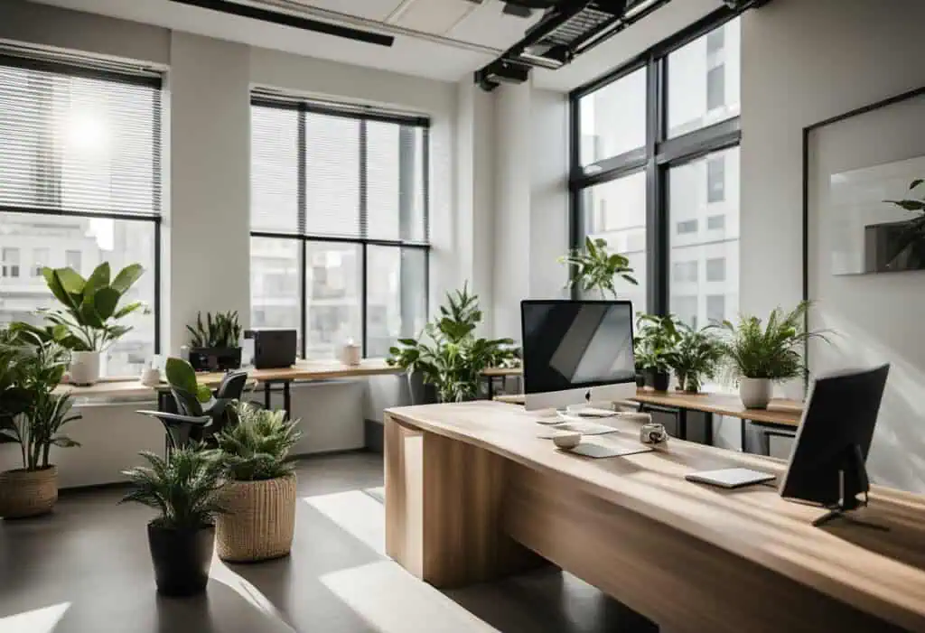 Bright office space with large windows, plants, and sleek furniture for a productive workspace.