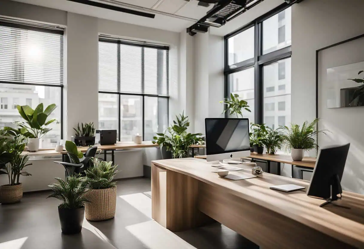 Bright office space with large windows, plants, and sleek furniture for a productive workspace.