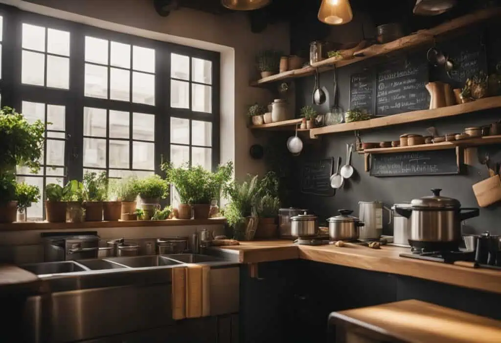 Bright small cafe kitchen with smart storage solutions and natural light. Perfect for maximizing spa.