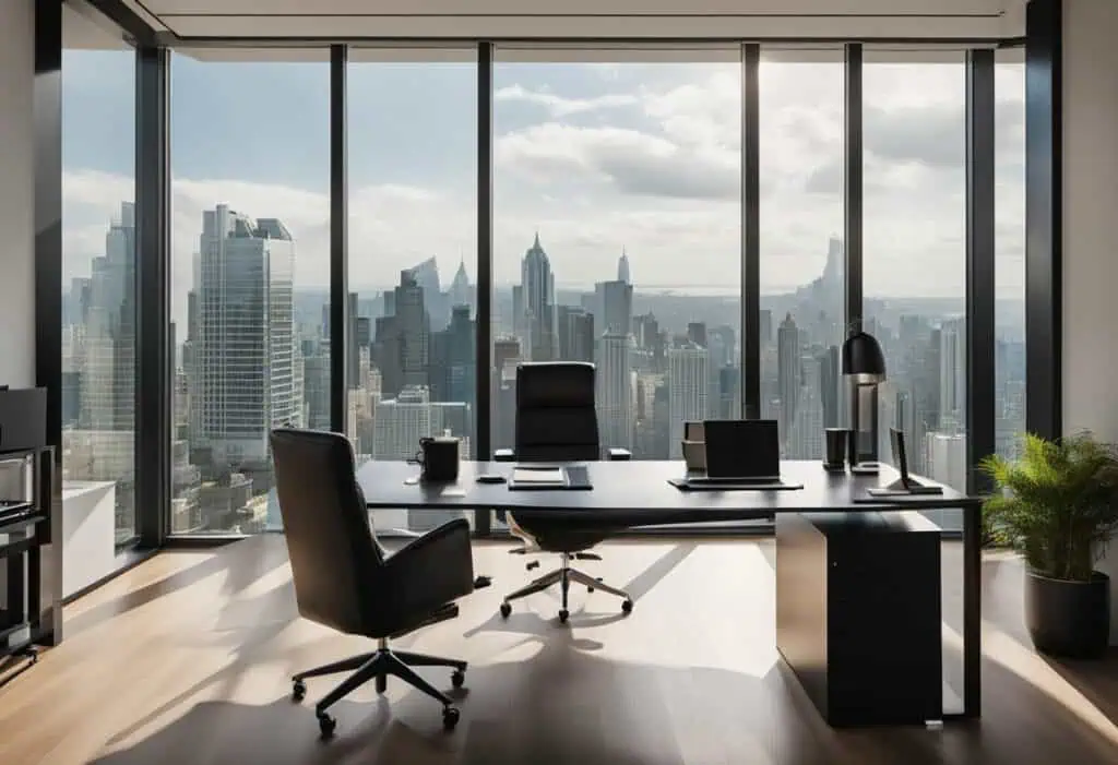 CEO office interior with large windows overlooking a bustling city skyline.