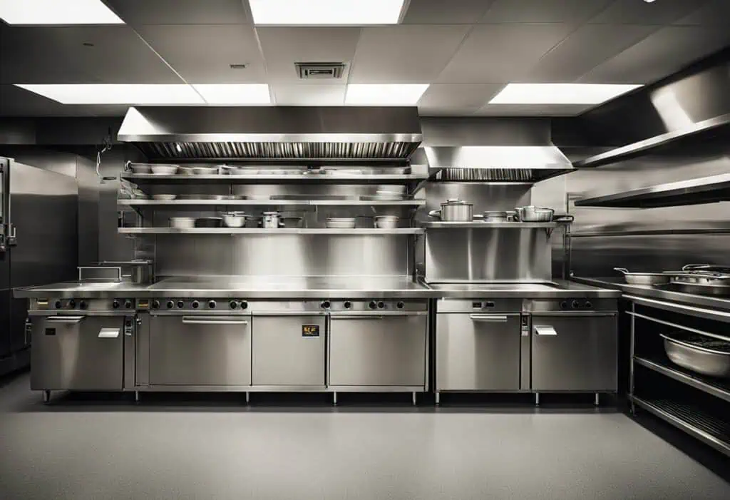 Modern stainless steel commercial kitchen with efficient layout.