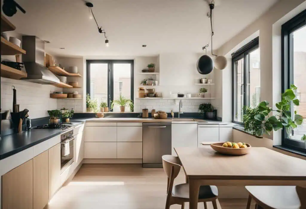 Modern dry kitchen with sleek cabinetry and open shelving for space efficiency.
