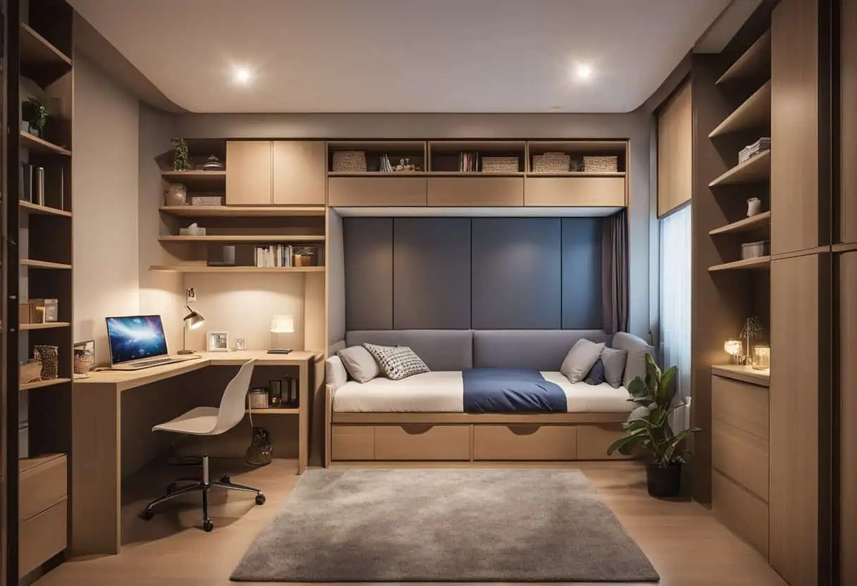 Compact HDB bedroom design with built-in shelves and a daybed for space maximization.