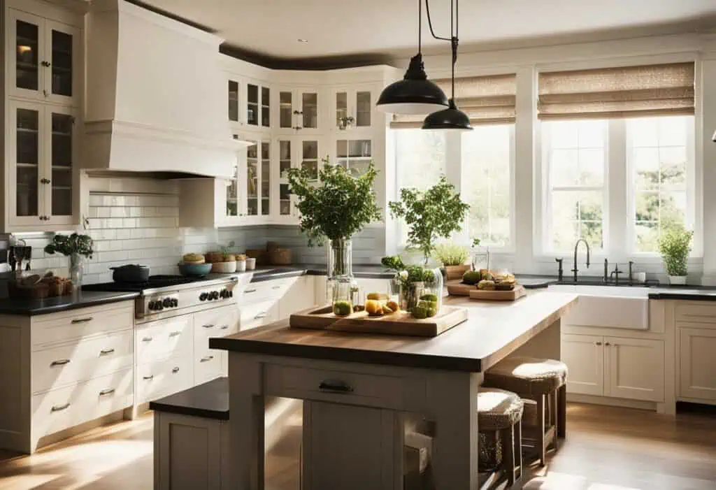Bright small kitchen with white cabinetry and large windows, maximizing space and style. Perfect for.