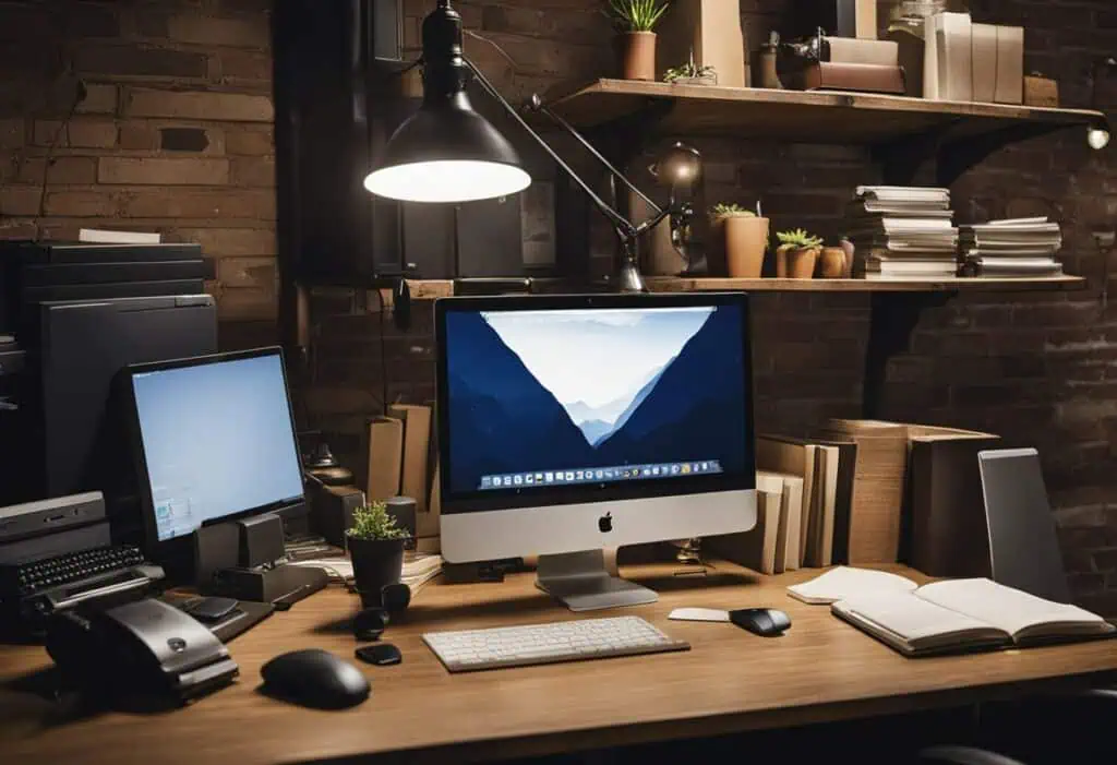 Efficient industrial office design with compact desk, modern computer, and organized shelves for max.