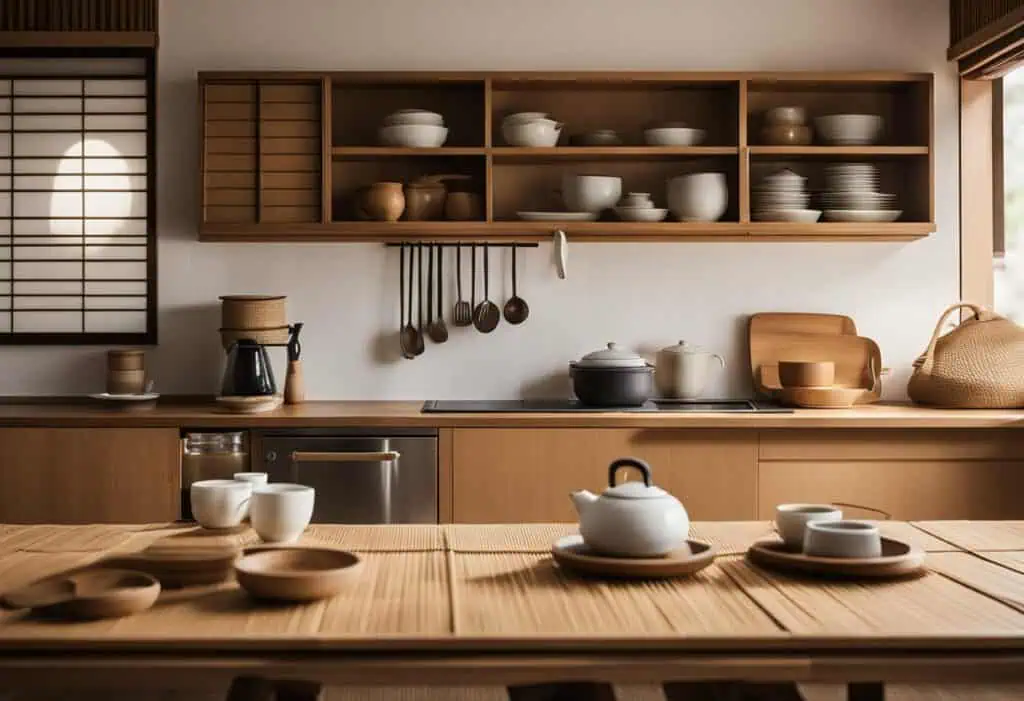 Minimalist Japanese kitchen with open shelving and natural wood accents.