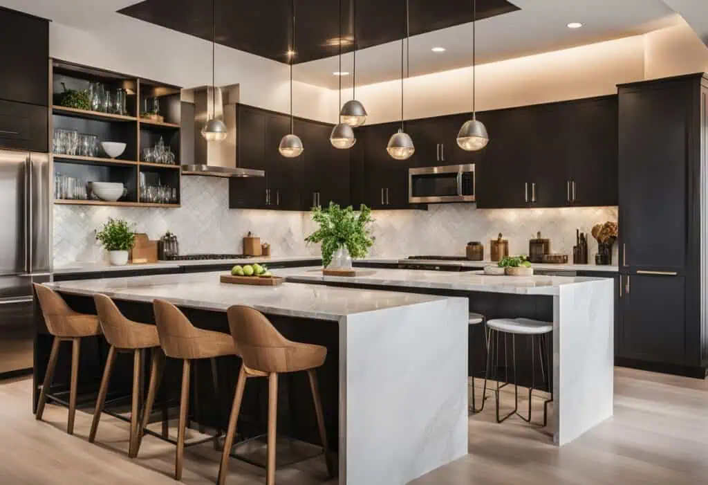 Stylish black kitchen with a spacious island, bar stools, and pendant lighting, perfect for maximizi.