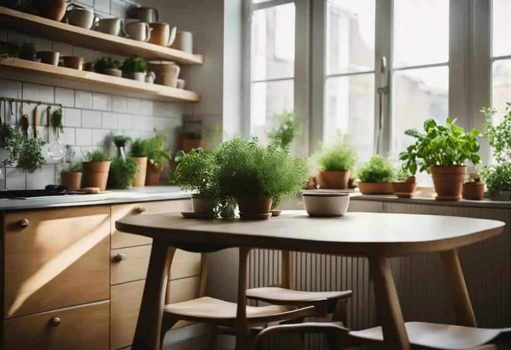 Bright small kitchen with a wooden dining table and lush green plants for a fresh, inviting space.