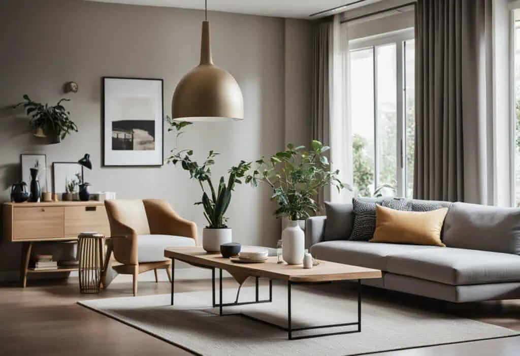 Elegant small living room design with a cozy dining table, maximizing space and natural sunlight. Pe.