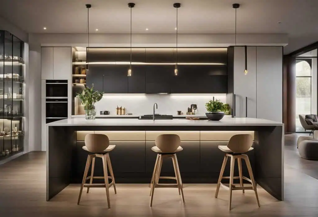 Modern kitchen island with black cabinetry and minimalist style for space maximization.