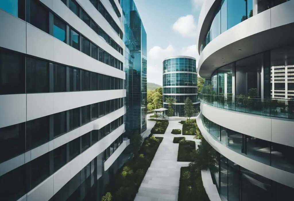 Contemporary office building with sleek glass facades and landscaped walkways.