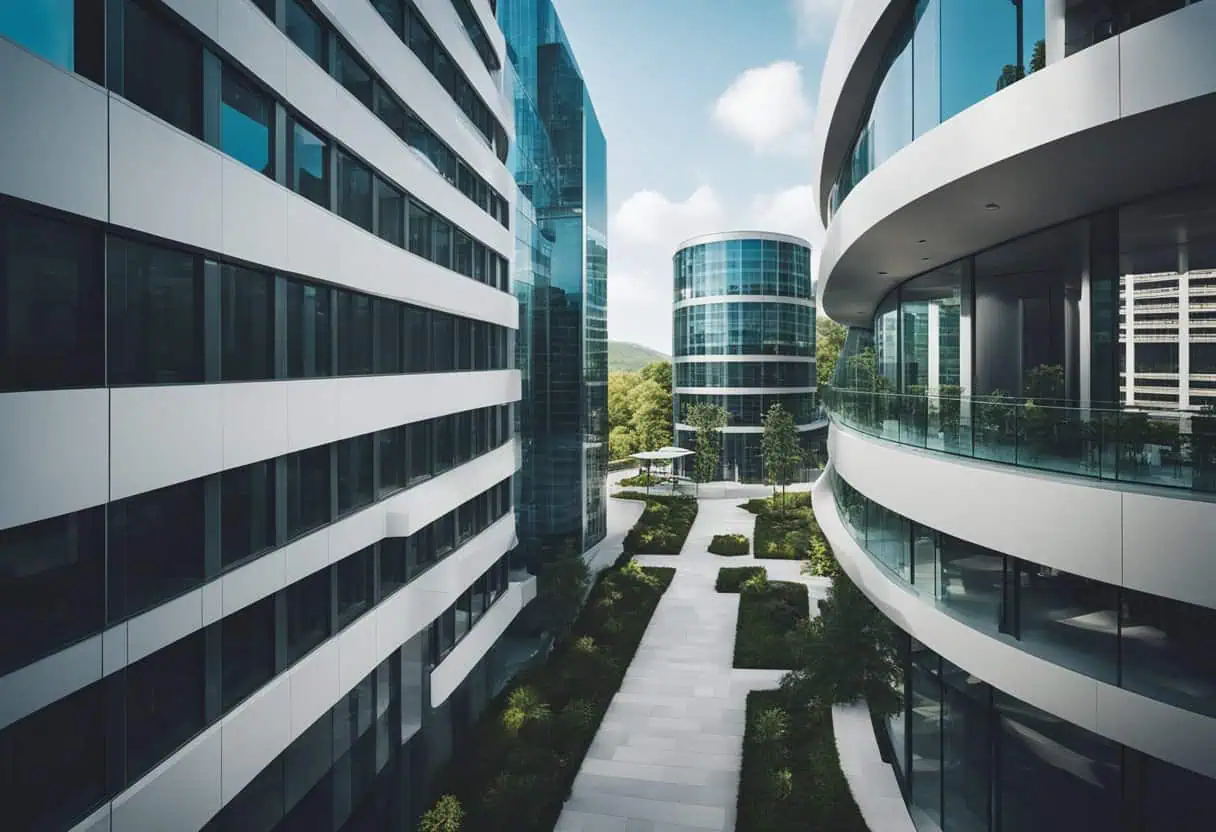 Contemporary office building with sleek glass facades and landscaped walkways.